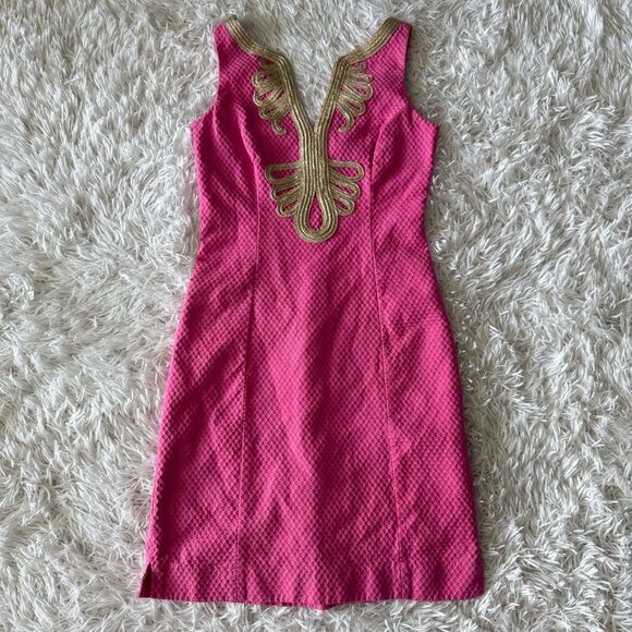 Lily Pulitzer Janice Shift Dress in Pink with Gold Detail Size 00 - Picture 6 of 8